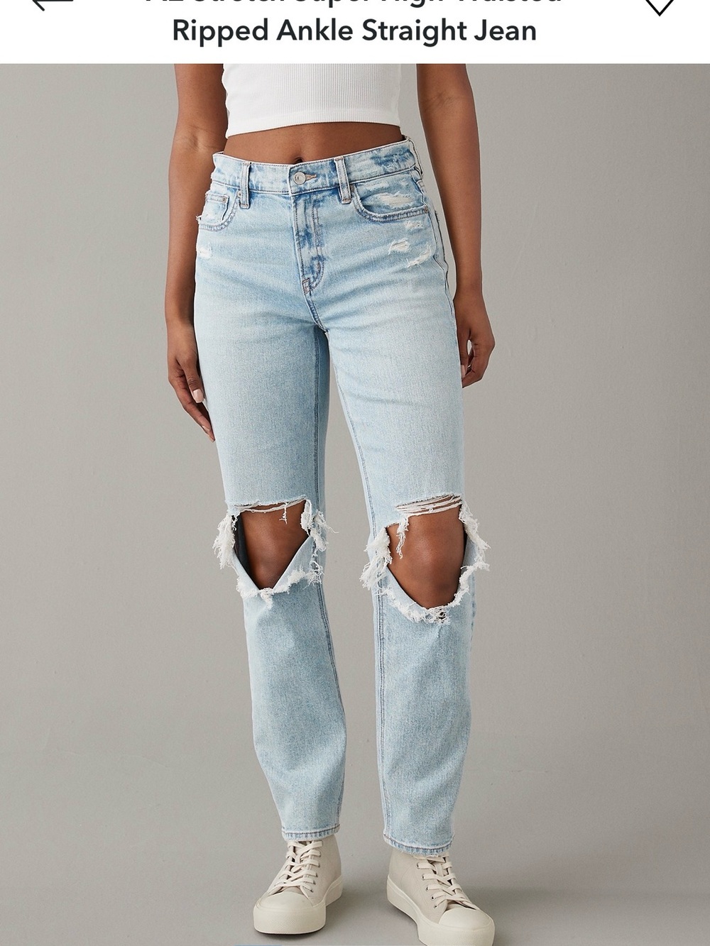 AE Stretch Super High-Waisted
Ripped Ankle Straight Jean